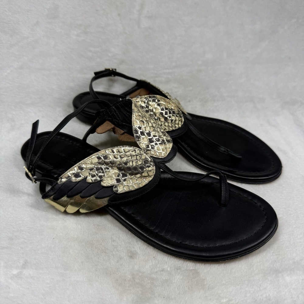 Visconti & Du Reau Winged Thong Sandals Black Gold Snakeskin Leather Italy 38